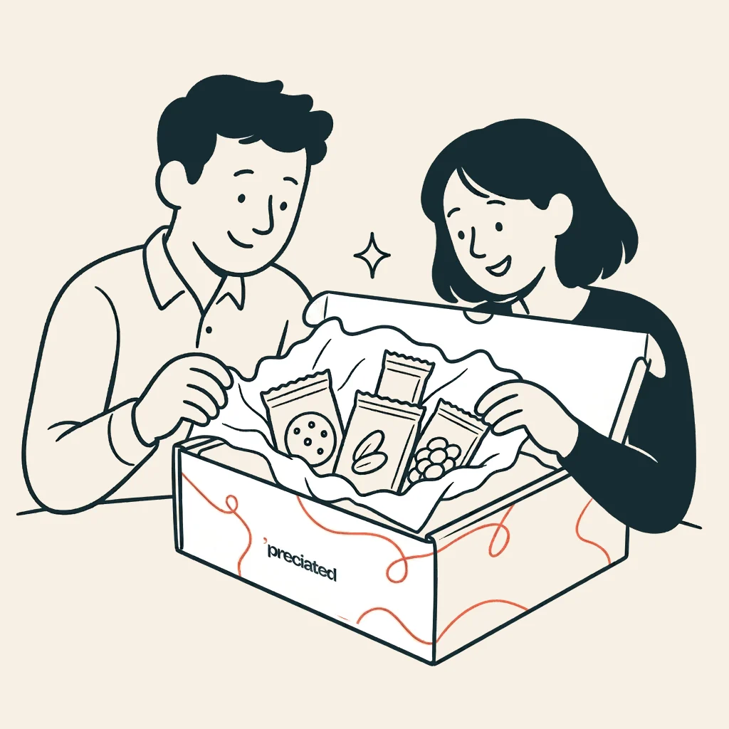 Illustration of colleagues opening an appreciation mailer
